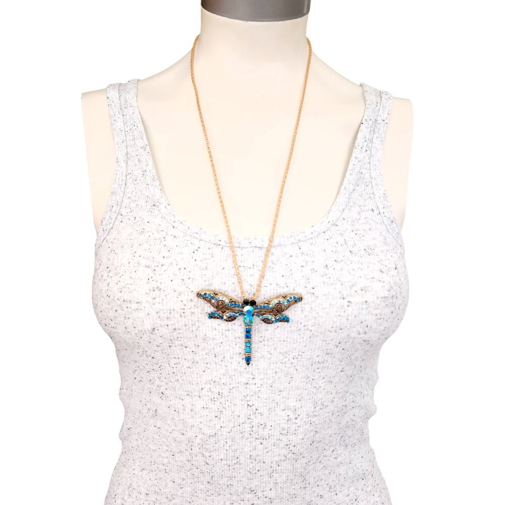 BETSEY JOHNSON Dragonfly bling statement chain crystal necklace gold blue NEW - Picture 3 of 5